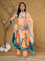Thumbnail for Yufta Peach Pure Crepe Placement Print Band Collar Kurta Dupatta Set