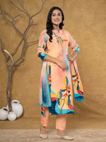 Thumbnail for Yufta Peach Pure Crepe Placement Print Band Collar Kurta Dupatta Set