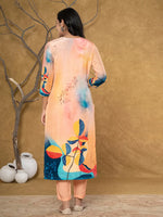 Thumbnail for Yufta Peach Pure Crepe Placement Print Band Collar Kurta Dupatta Set