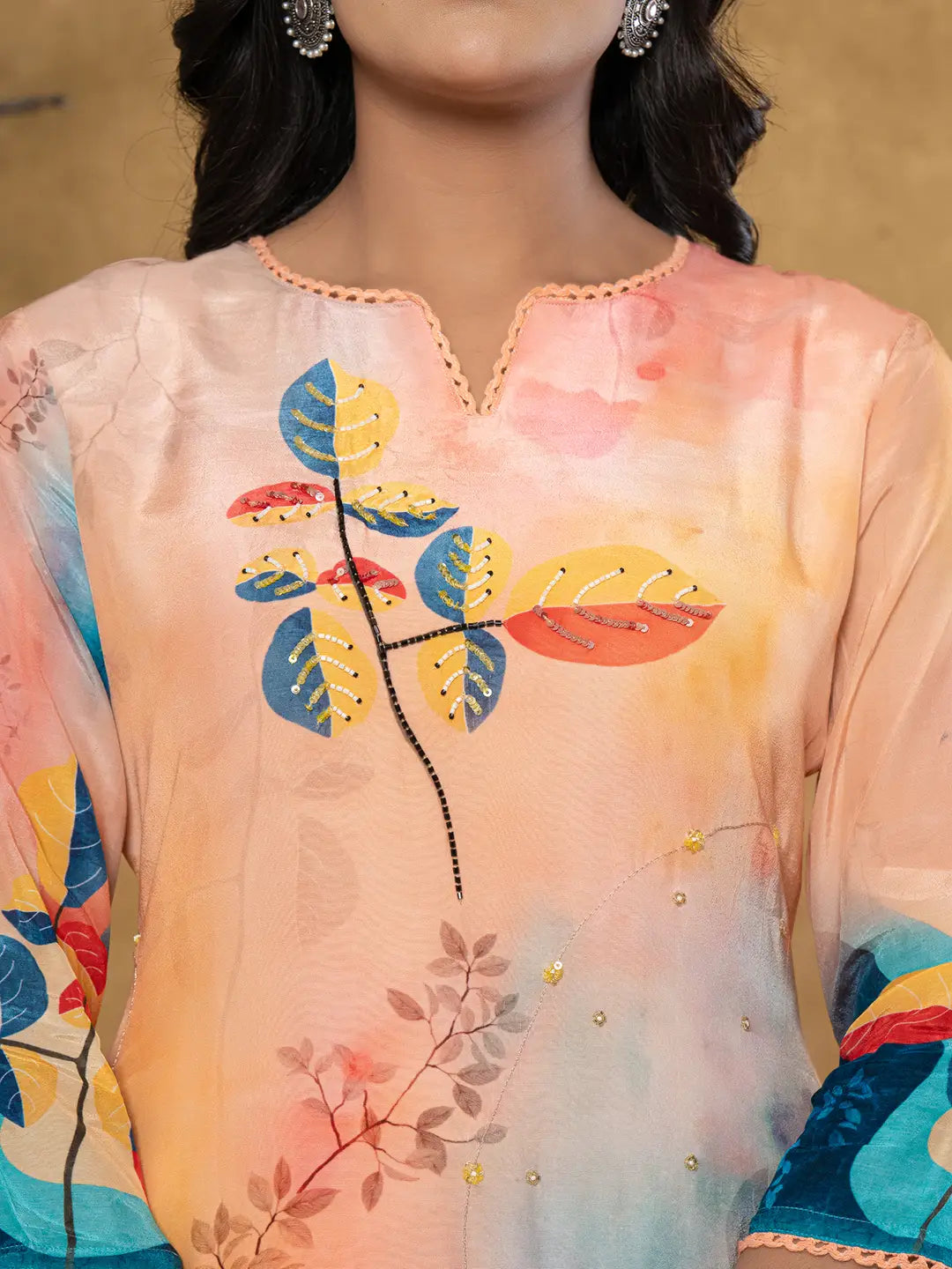 Yufta Peach Pure Crepe Placement Print Band Collar Kurta Dupatta Set