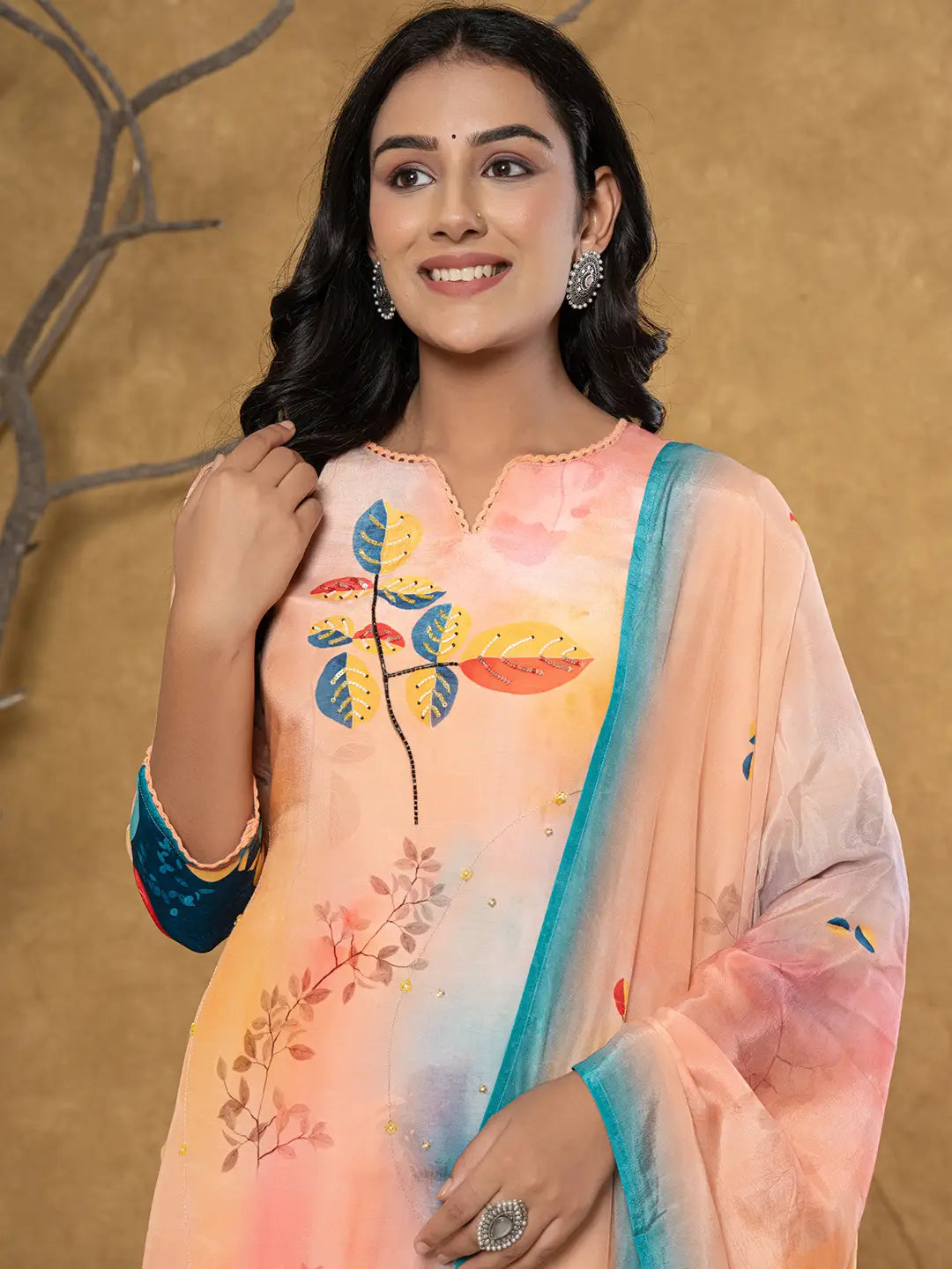 Yufta Peach Pure Crepe Placement Print Band Collar Kurta Dupatta Set