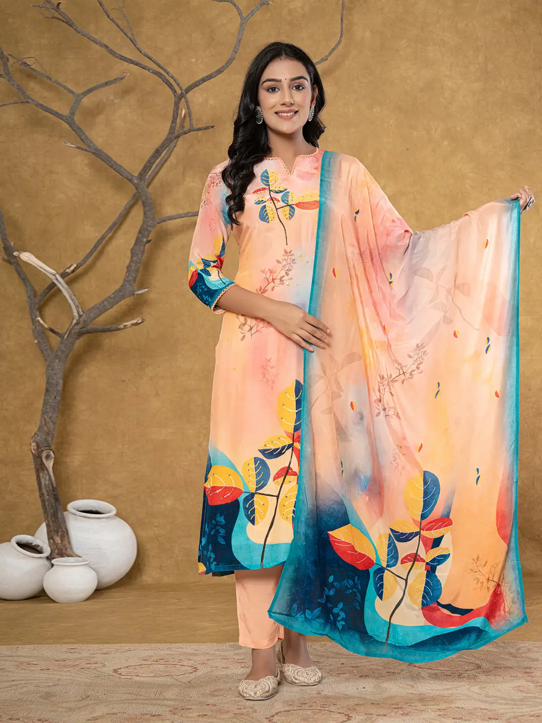 Yufta Peach Pure Crepe Placement Print Band Collar Kurta Dupatta Set