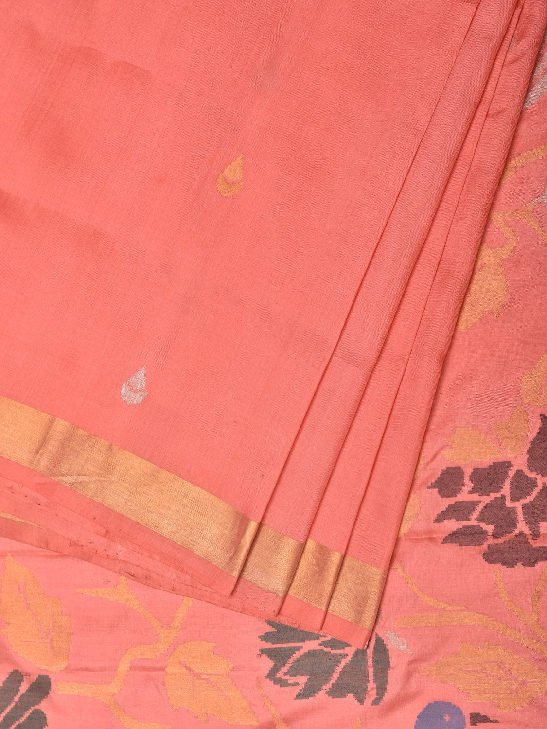 Peach Uppada Silk Handloom Saree with Birds and Floral Pallu Design - Global Threads - Distacart