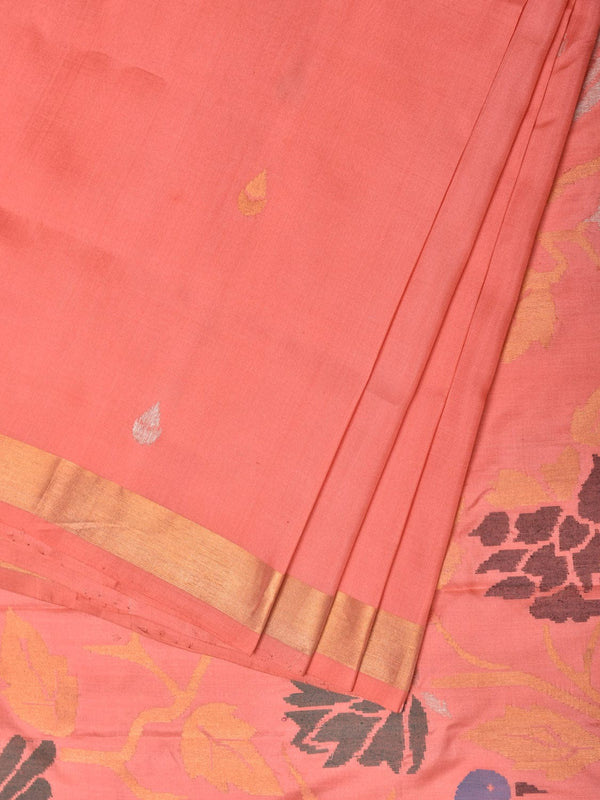 Peach Uppada Silk Handloom Saree with Birds and Floral Pallu Design - Global Threads - Distacart