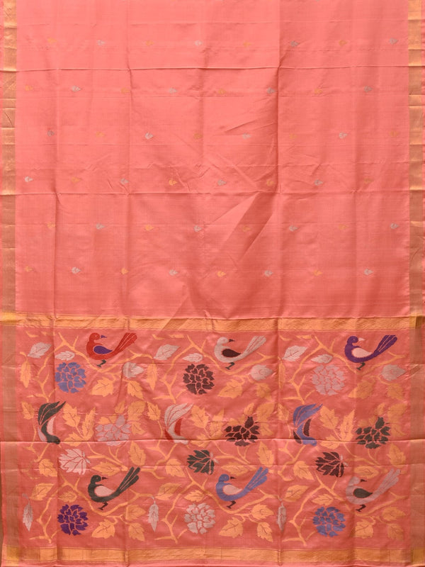 Peach Uppada Silk Handloom Saree with Birds and Floral Pallu Design - Global Threads - Distacart