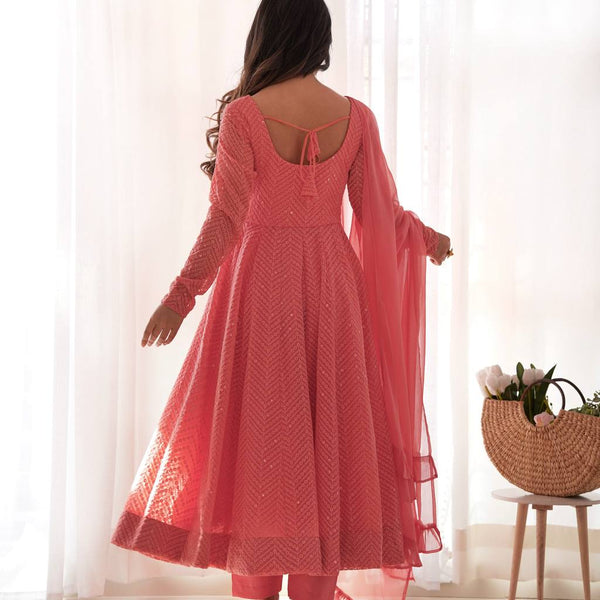Evanik Peach Heavy Faux Georgette With Lucknowi Work Anarkali Suit