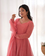 Thumbnail for Evanik Peach Heavy Faux Georgette With Lucknowi Work Anarkali Suit