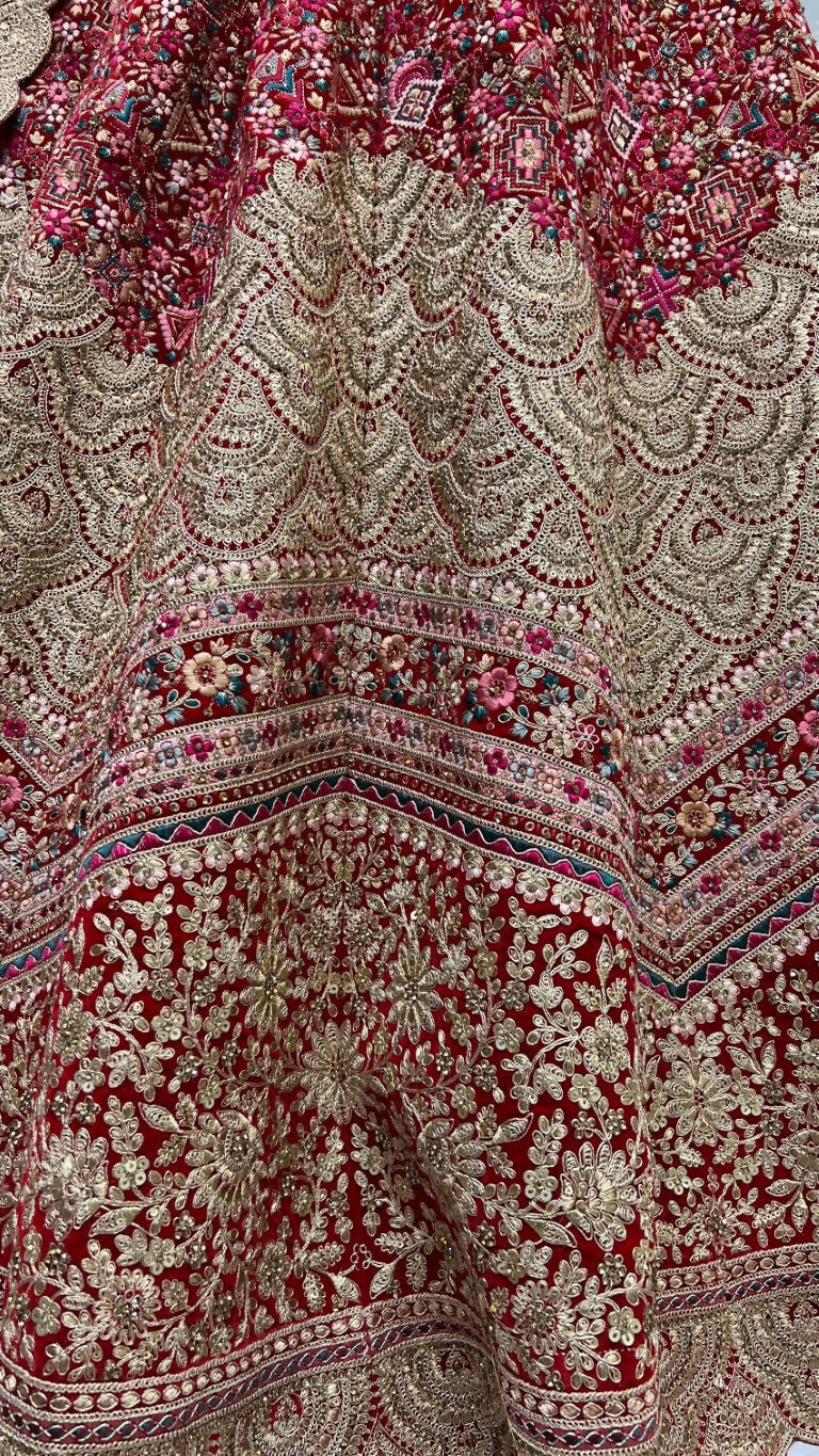 Jyoti Fashion Women's Red Velvet Fancy Dori & Sequins Multi Thread Embroidered with Diamond Work Wedding Lehenga Choli - Distacart