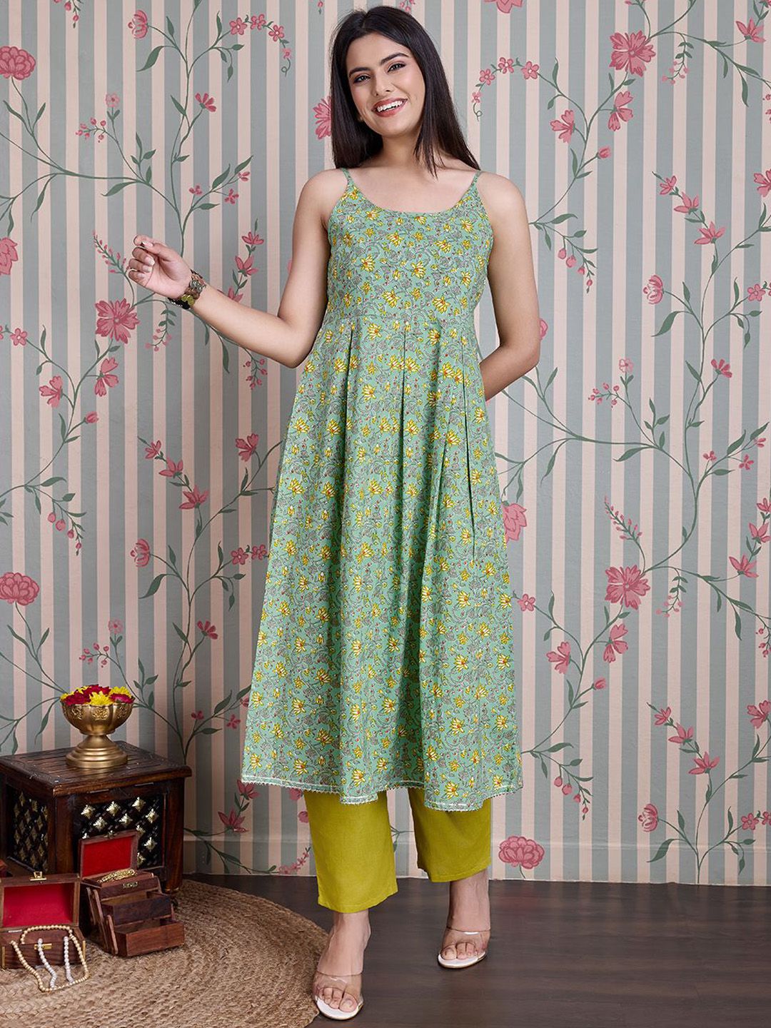 Ode by House of Pataudi Floral Printed Shoulder Straps Pure Cotton Anarkali Kurta - Distacart