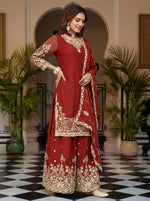 Thumbnail for Joban Fashion Red Silk Embroidered Sharara Set - Distacart