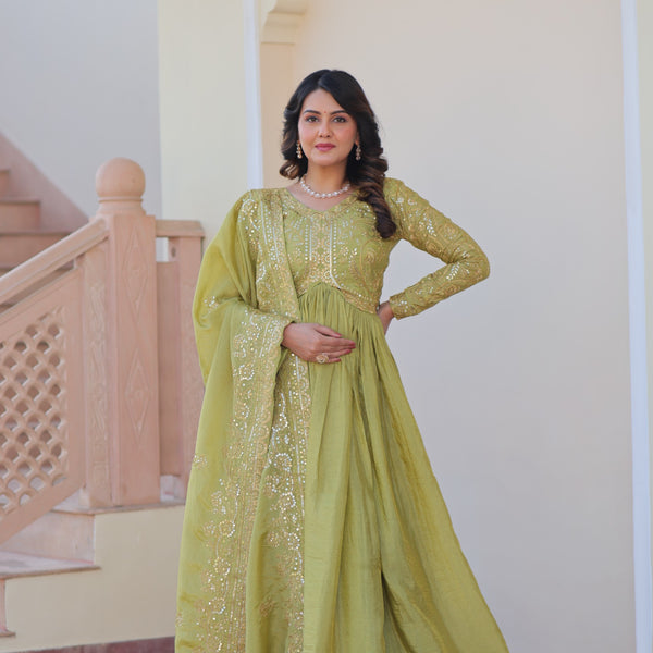 Evanik Perrot Gold-Crush Fabric with Sequins & Multi Embroidered work Gown Dupatta