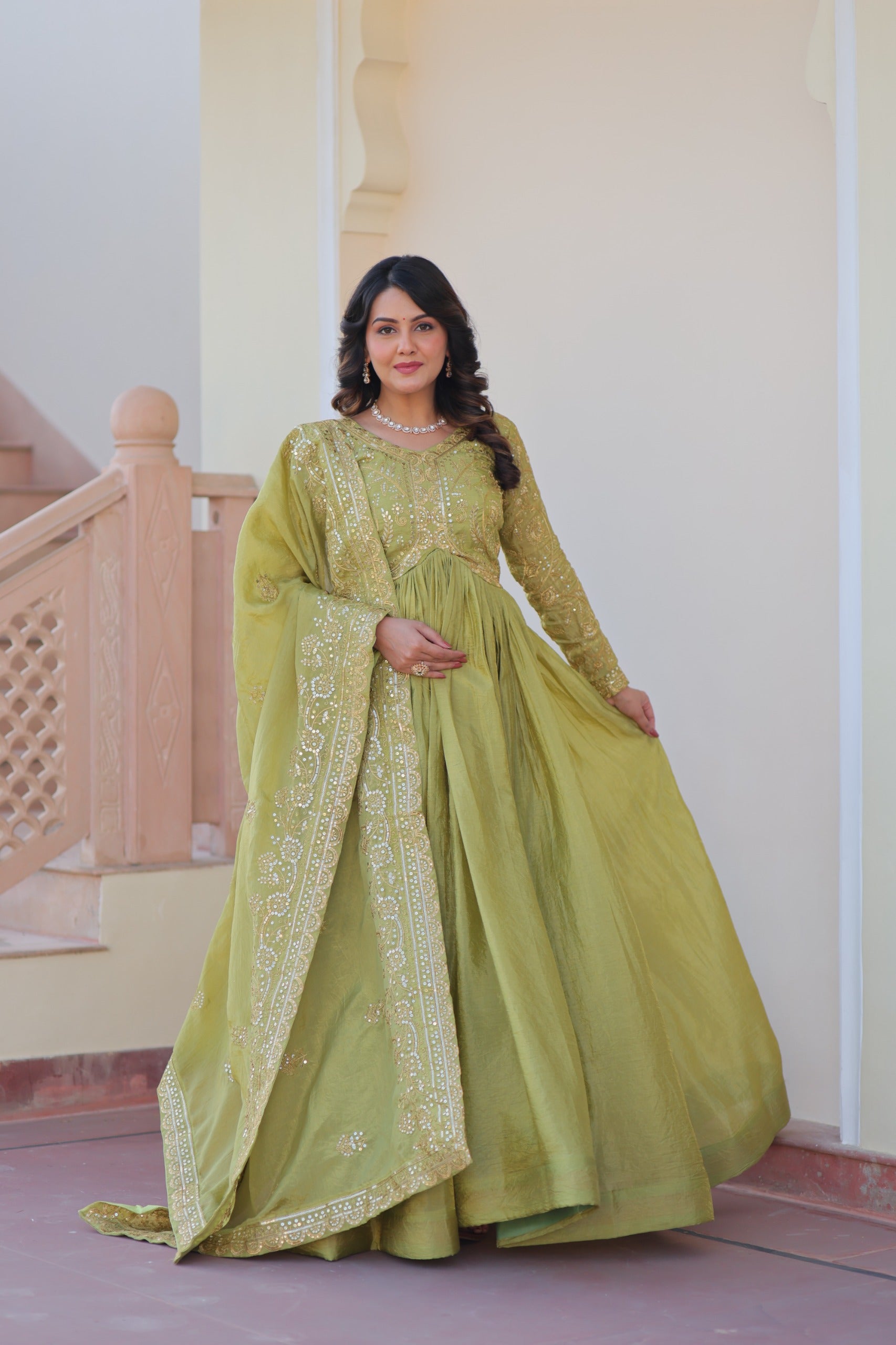 Evanik Perrot Gold-Crush Fabric with Sequins & Multi Embroidered work Gown Dupatta