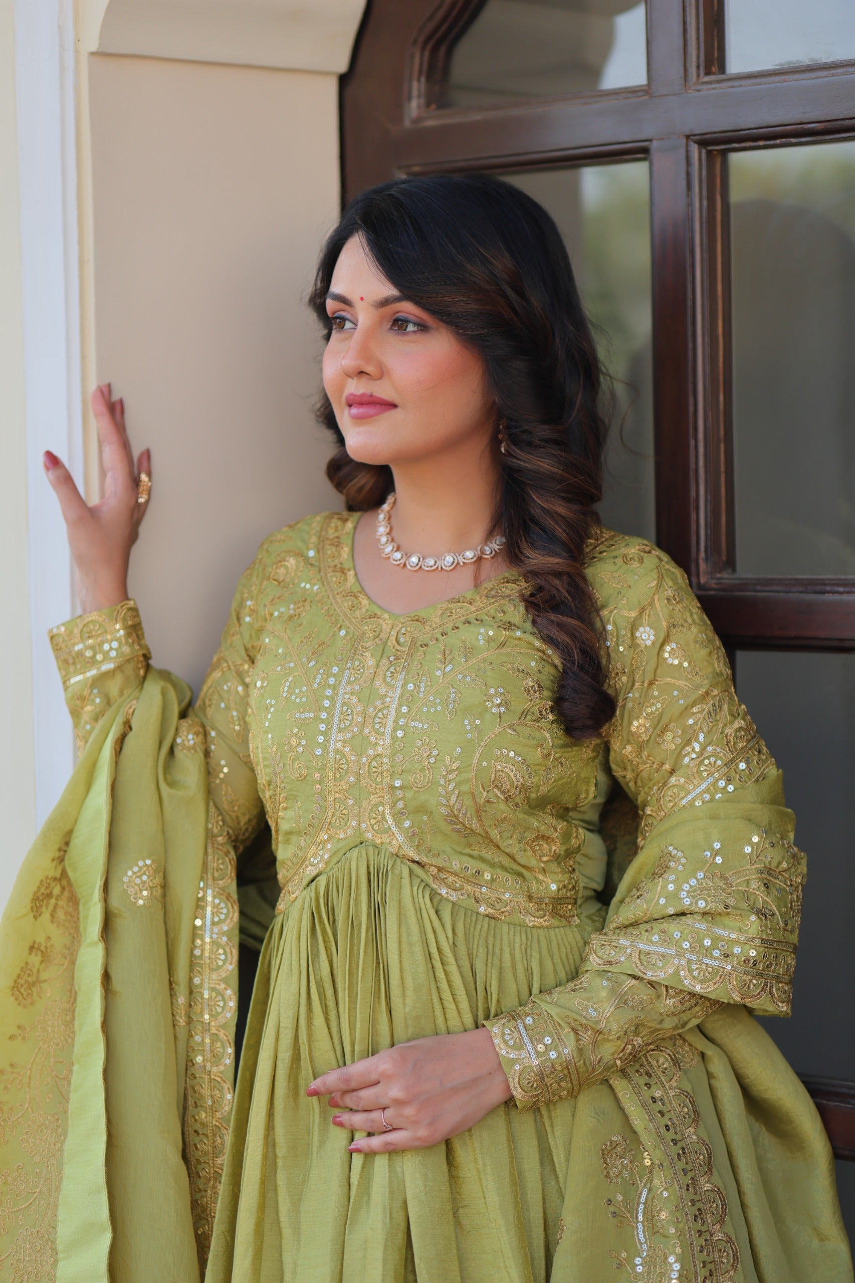 Evanik Perrot Gold-Crush Fabric with Sequins & Multi Embroidered work Gown Dupatta