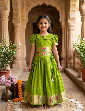 Evanik Green Soft Silk Paithani Design Zari Weaving Pavadai Lehenga Choli For Kids - Dista