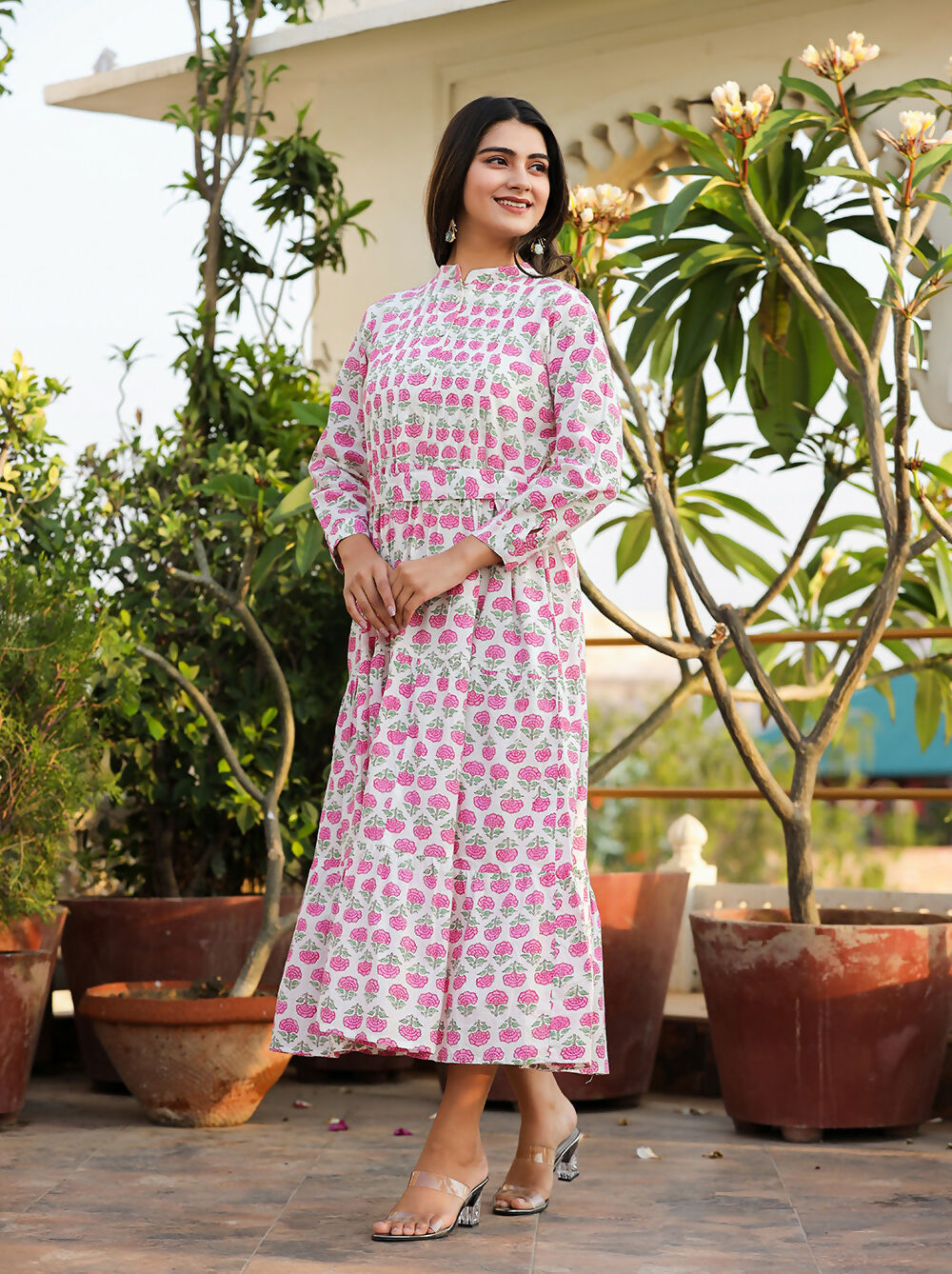 Kaajh Women's Pink Floral Print Cotton Handblock Dress - Distacart