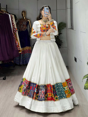 Yash Enterprise White Rayon Cotton Embroidery Semi Stitched Navratri Chaniya Choli - Dista