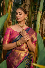 Thumbnail for Jyoti Fashion Women's Navy Blue Kanjivaram Silk Zari Woven Saree with Blouse - Distacart