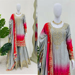Thumbnail for The52 Women's Beautiful Chinon silk Fabric Embroidery Work Straight Kurta Palazzo and Dupatta Set - Distacart