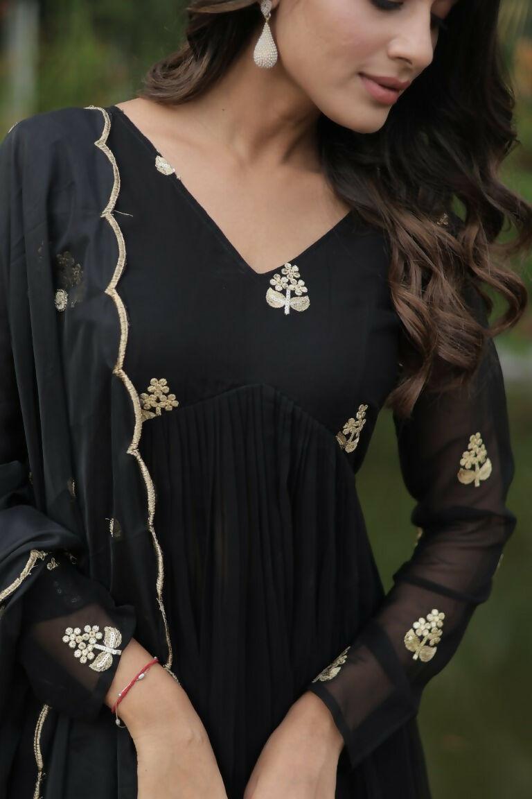 Jyoti Fashion Women's Black Faux Blooming Embroidered Kurta with Trouser & Dupatta - Distacart