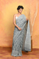 Thumbnail for Very Much Indian Handblock Printed Cotton Saree With Natural Dyes - Grey - Distacart