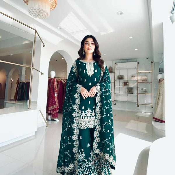 Teeya Creation Teal Pure Silk Gimmy Silk Heavy Embroidery Work Wedding Wear Palazzo Pair - Distacart