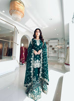 Thumbnail for Teeya Creation Teal Pure Silk Gimmy Silk Heavy Embroidery Work Wedding Wear Palazzo Pair - Distacart