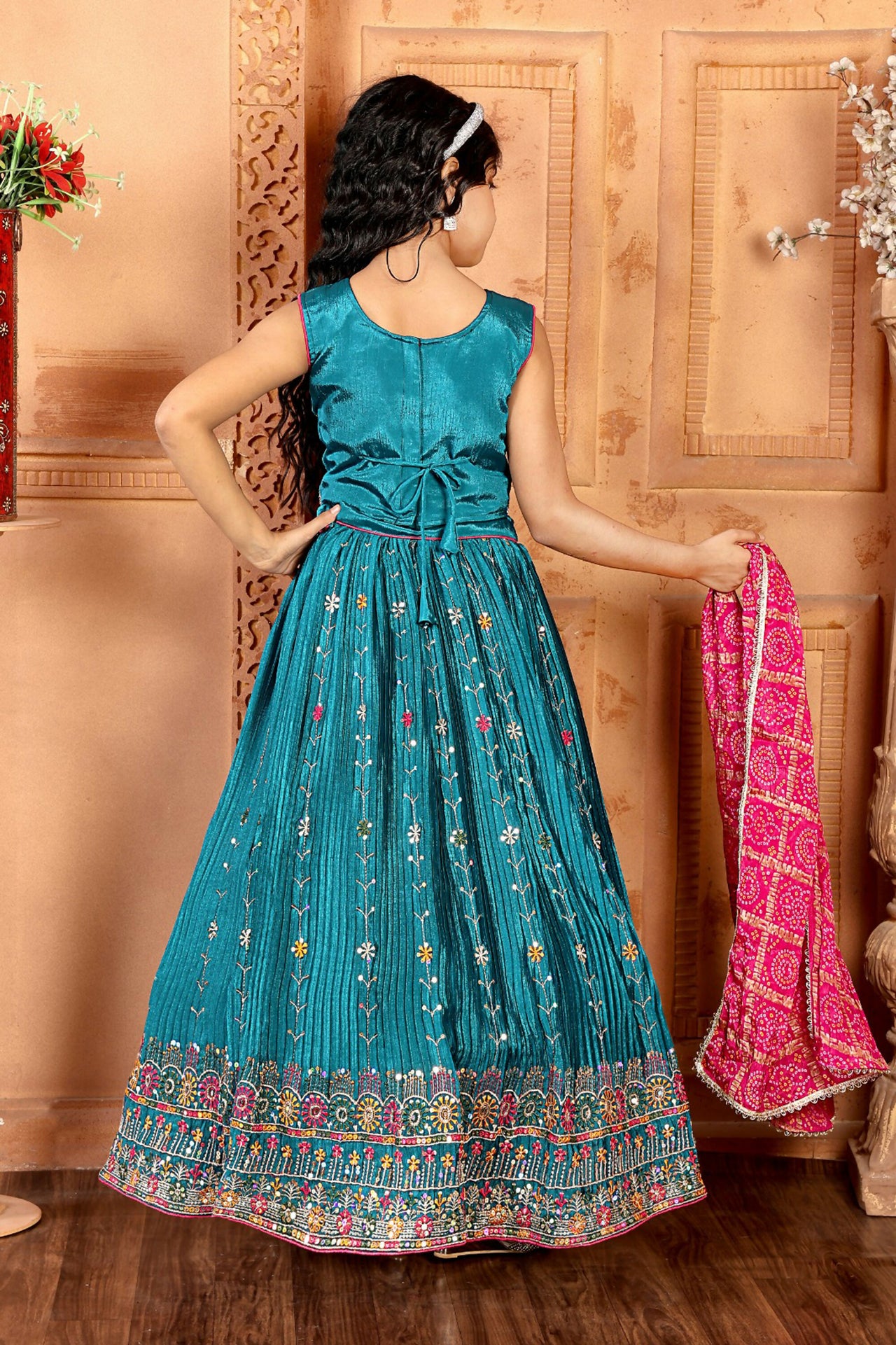 Kids Functional Designer Firozi Chinon Fab Lehenga choli - Aaradhna
