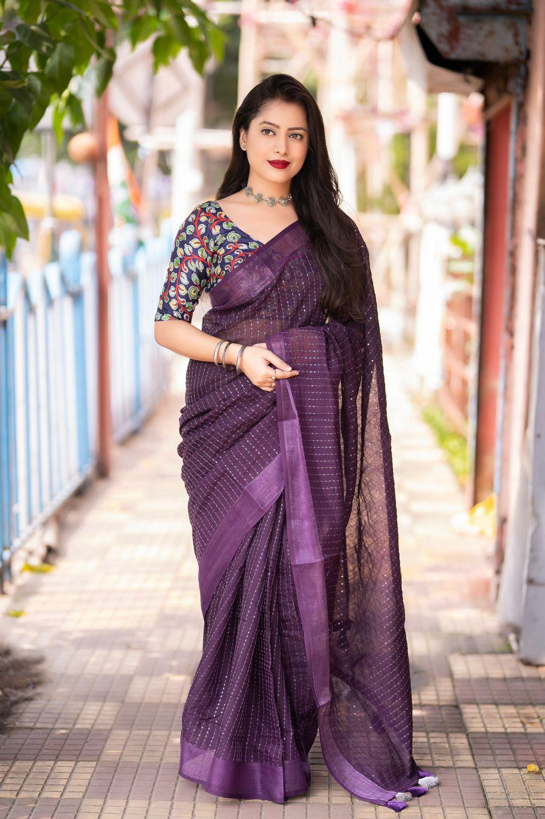 Purple Linen Sequence Saree with Unstitched Blouse - Hiral Fashion - Distacart