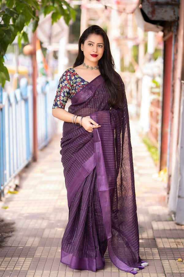 Purple Linen Sequence Saree with Unstitched Blouse - Hiral Fashion - Distacart