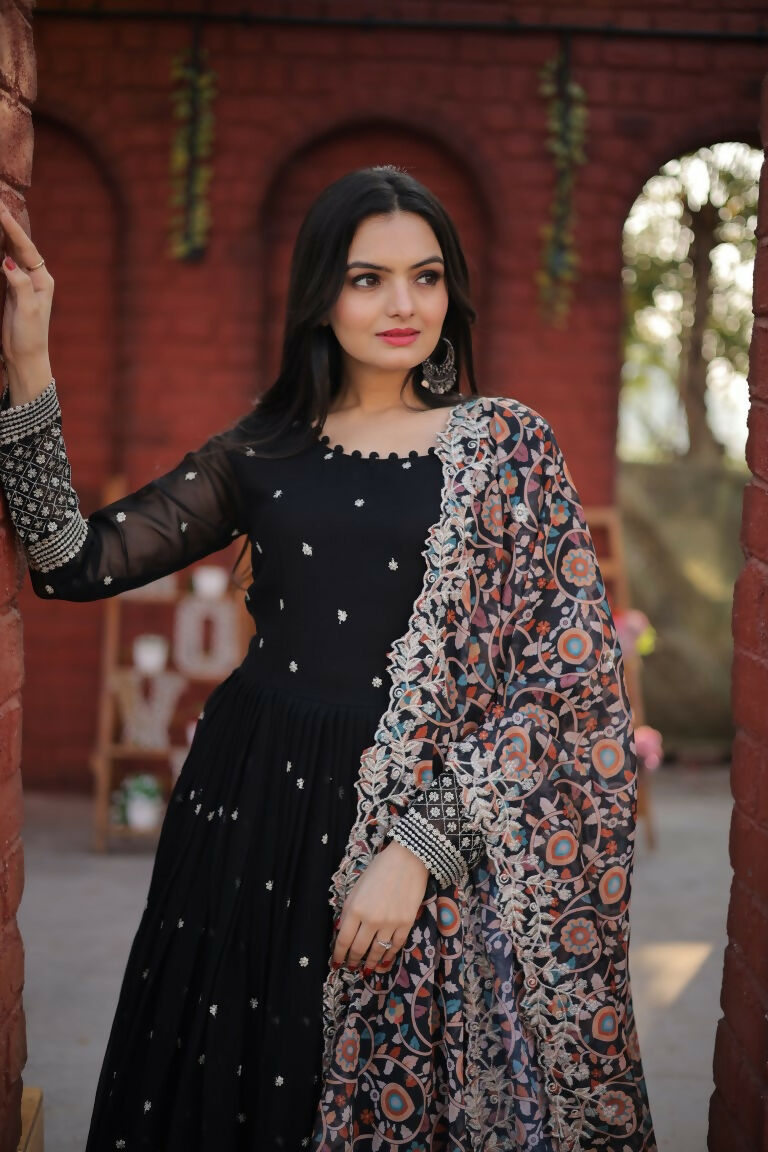Jyoti Fashion Women's Black Faux Blooming Sequence Zari Embroidered Anarkali Dress with Dupatta - Distacart