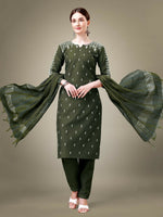 Thumbnail for Jyoti Fashion Women's Dark Green Cotton Blend Embroidery & Sequence work Kurta with Trouser & Dupatta - Distacart