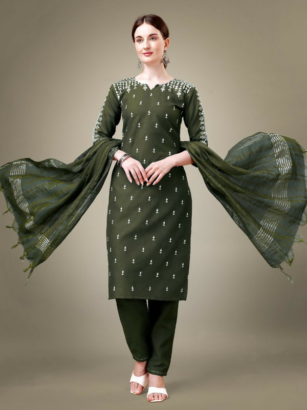 Jyoti Fashion Women's Dark Green Cotton Blend Embroidery & Sequence work Kurta with Trouser & Dupatta - Distacart