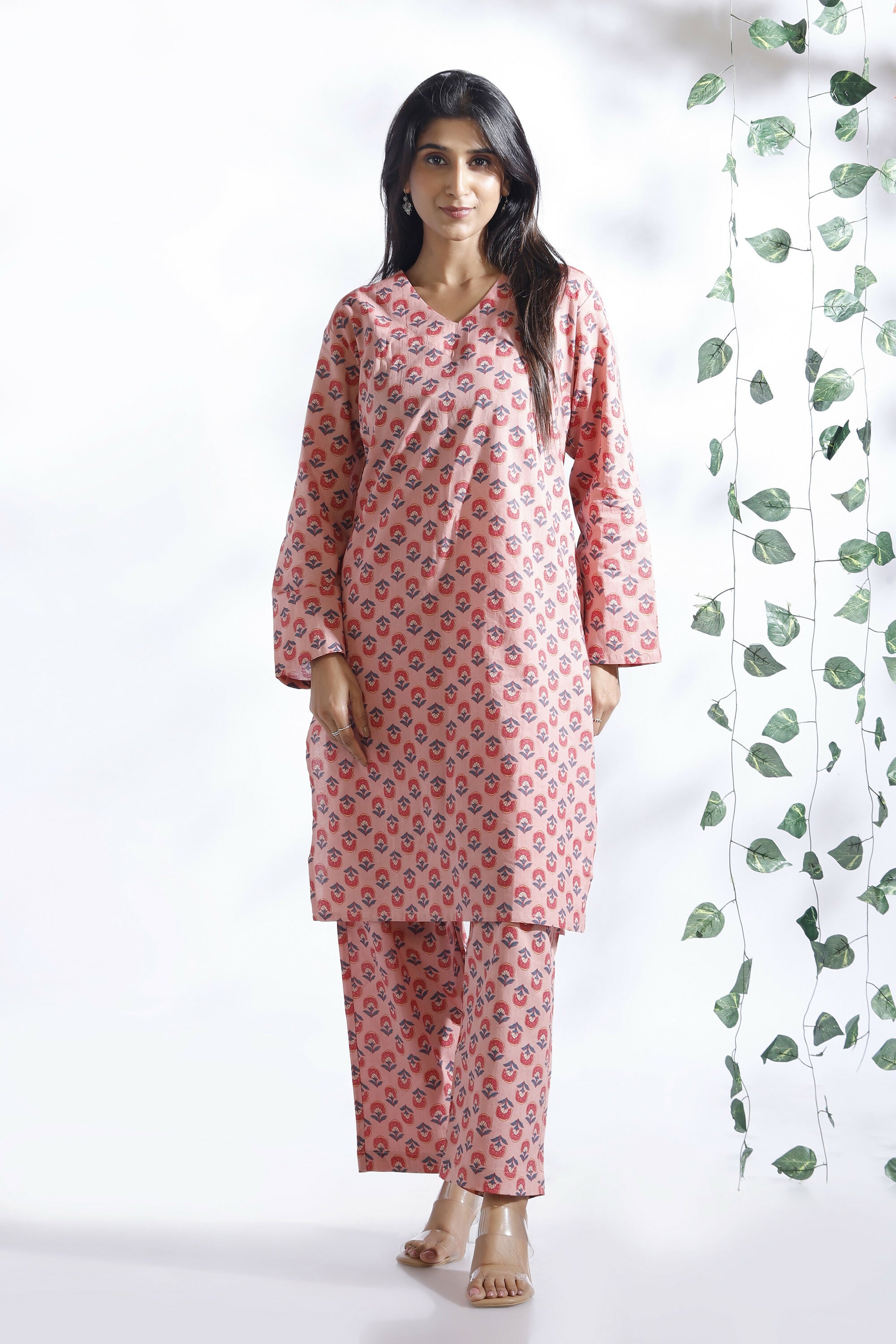Breathables Women’S Loungewear Long Kurta Co-Ord Set Cotton Pink Indian Motif Butta Print - Dista