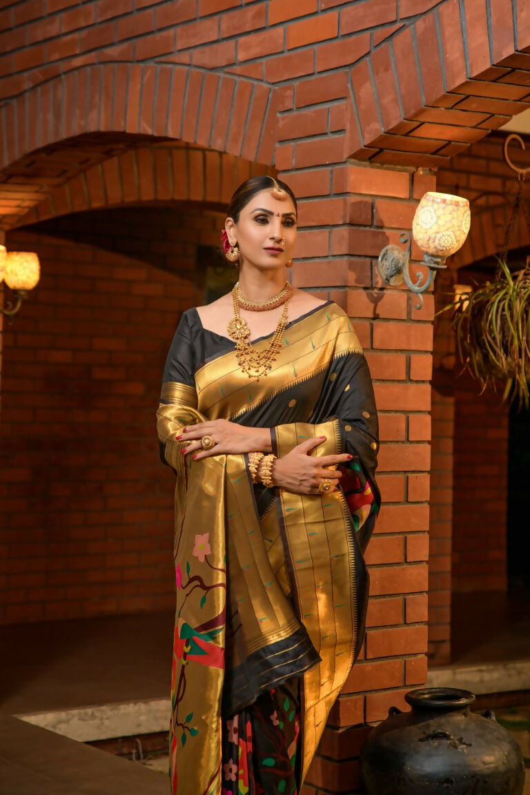 Jyoti Fashion Women's Black Paithani Silk Zari Woven Saree with Blouse - Distacart