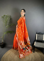 Thumbnail for Joban Fashion Orange Peacock & Floral Motifs Soft Silk Kanchipuram Saree - Distacart