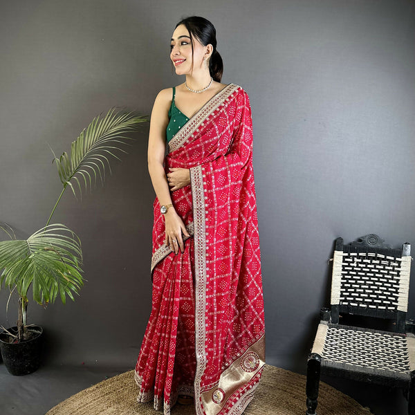 Joban Fashion Hot Pink Bandhej Bandhani Vichitra Silk Bandhani Prints Saree