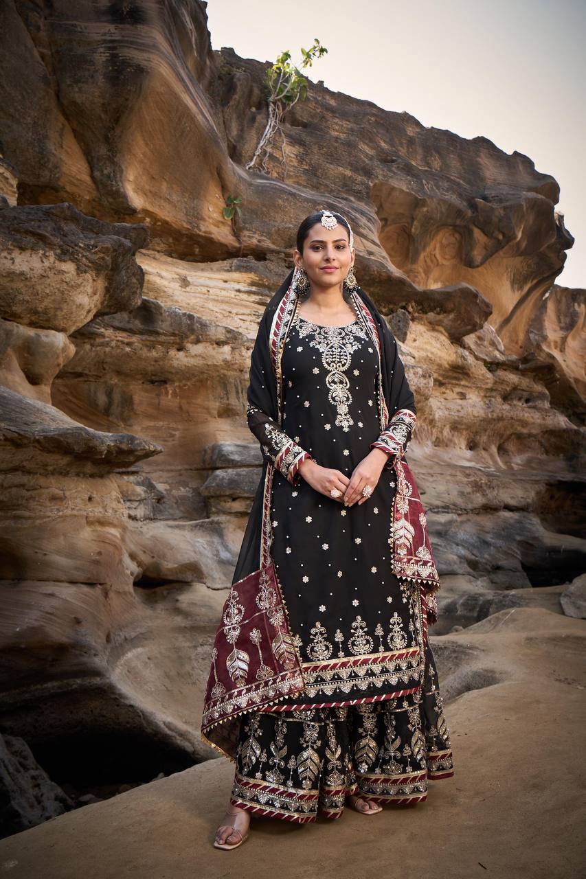 Lehenga Mart Designer Black Faux Georgette Ready to wear Sharara Suit for Eid - Distacart
