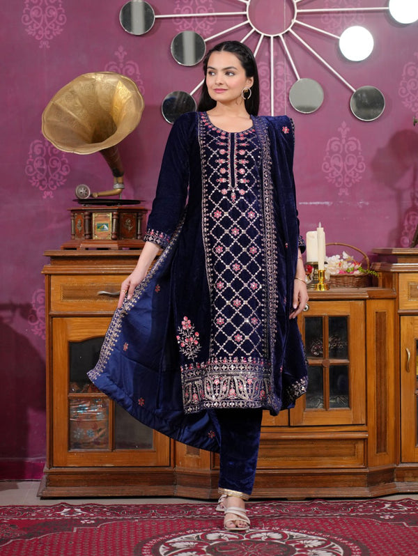Teeya Creation Blue Color Velvet Fabric Heavy Embroidery Work Fully Stitched Salwar Suit - Distacart