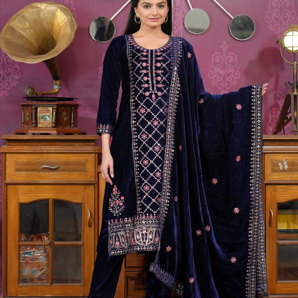 Teeya Creation Blue Color Velvet Fabric Heavy Embroidery Work Fully Stitched Salwar Suit - Distacart