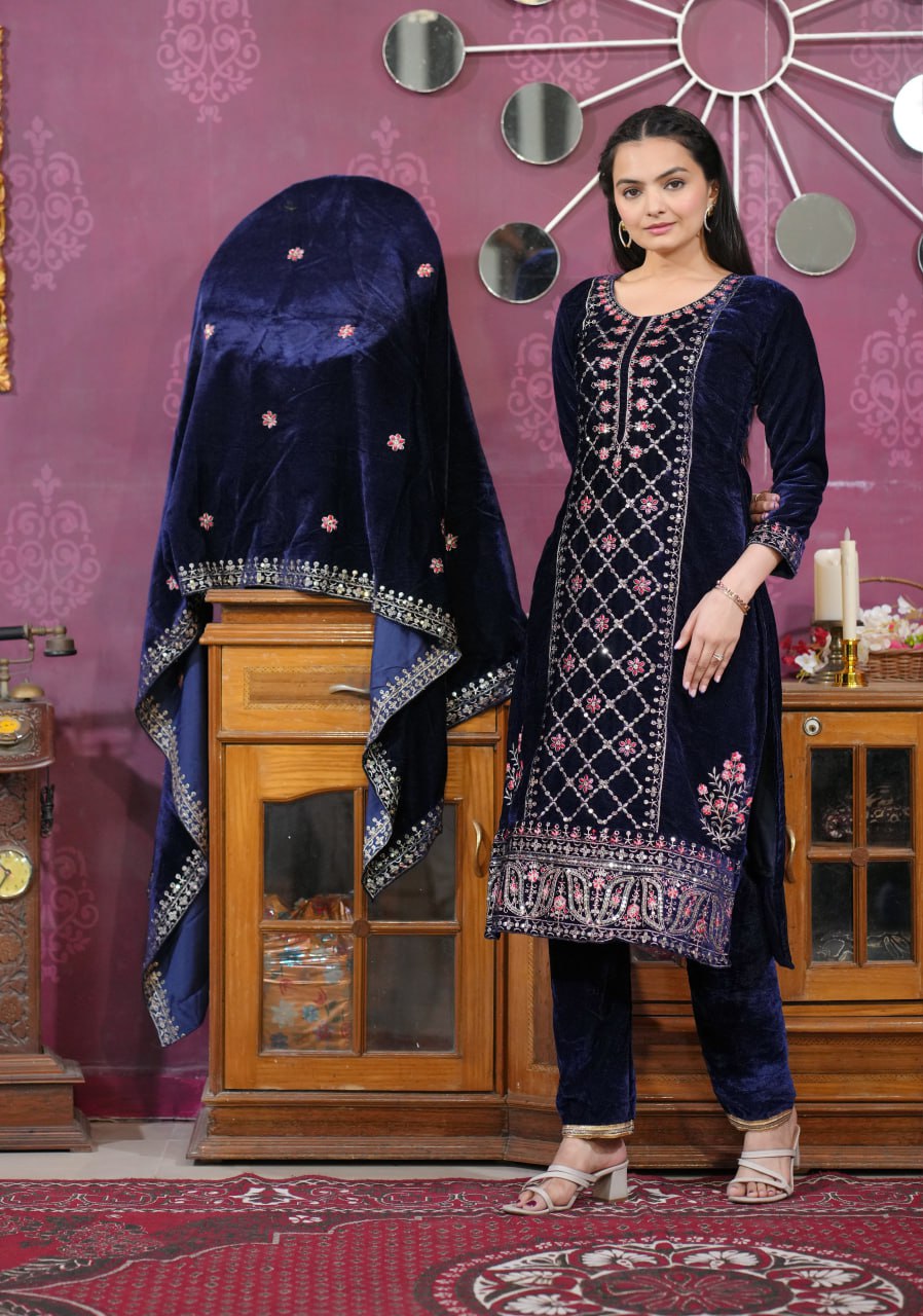 Teeya Creation Blue Color Velvet Fabric Heavy Embroidery Work Fully Stitched Salwar Suit - Distacart