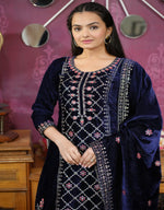 Thumbnail for Teeya Creation Blue Color Velvet Fabric Heavy Embroidery Work Fully Stitched Salwar Suit - Distacart