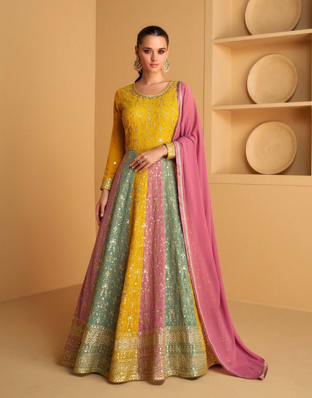 Teeya Creation Multi Colour Faux Georgette Heavy Embroidery Sequence Work Fully Stitched Salwar Suit (Gown & Dupatta) - Distacart
