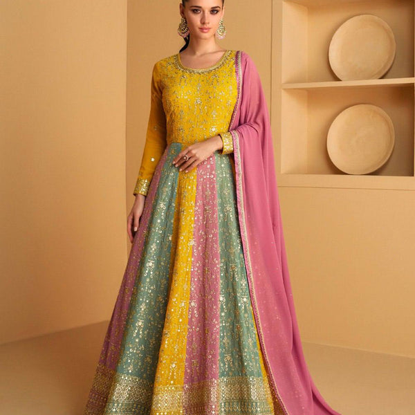 Teeya Creation Multi Colour Faux Georgette Heavy Embroidery Sequence Work Fully Stitched Salwar Suit (Gown & Dupatta) - Distacart