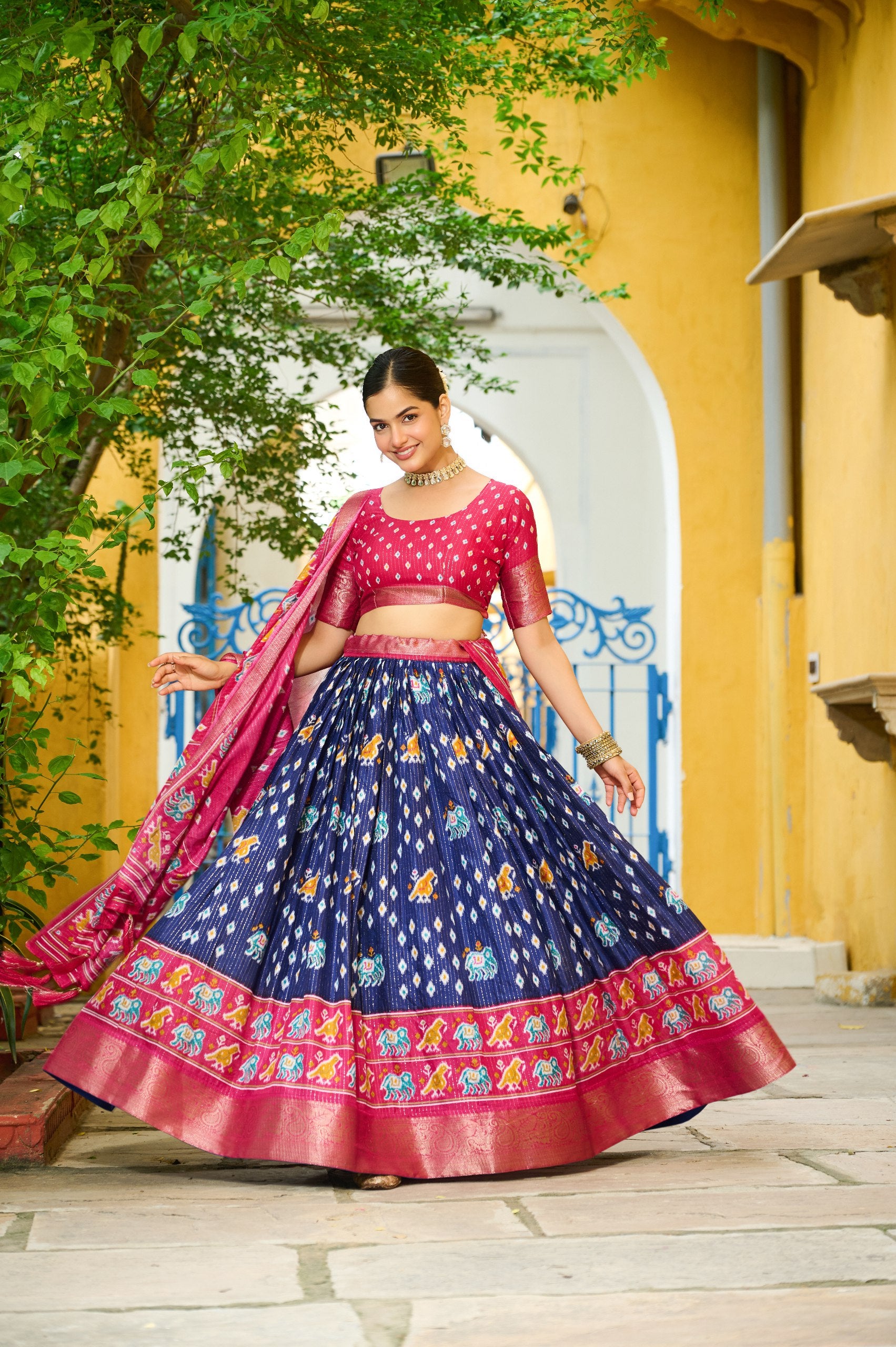 DEIANA'S Jacquard With Jari Lining With Print Lehenga Choli - Navy Blue