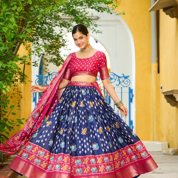 DEIANA'S Jacquard With Jari Lining With Print Lehenga Choli - Navy Blue