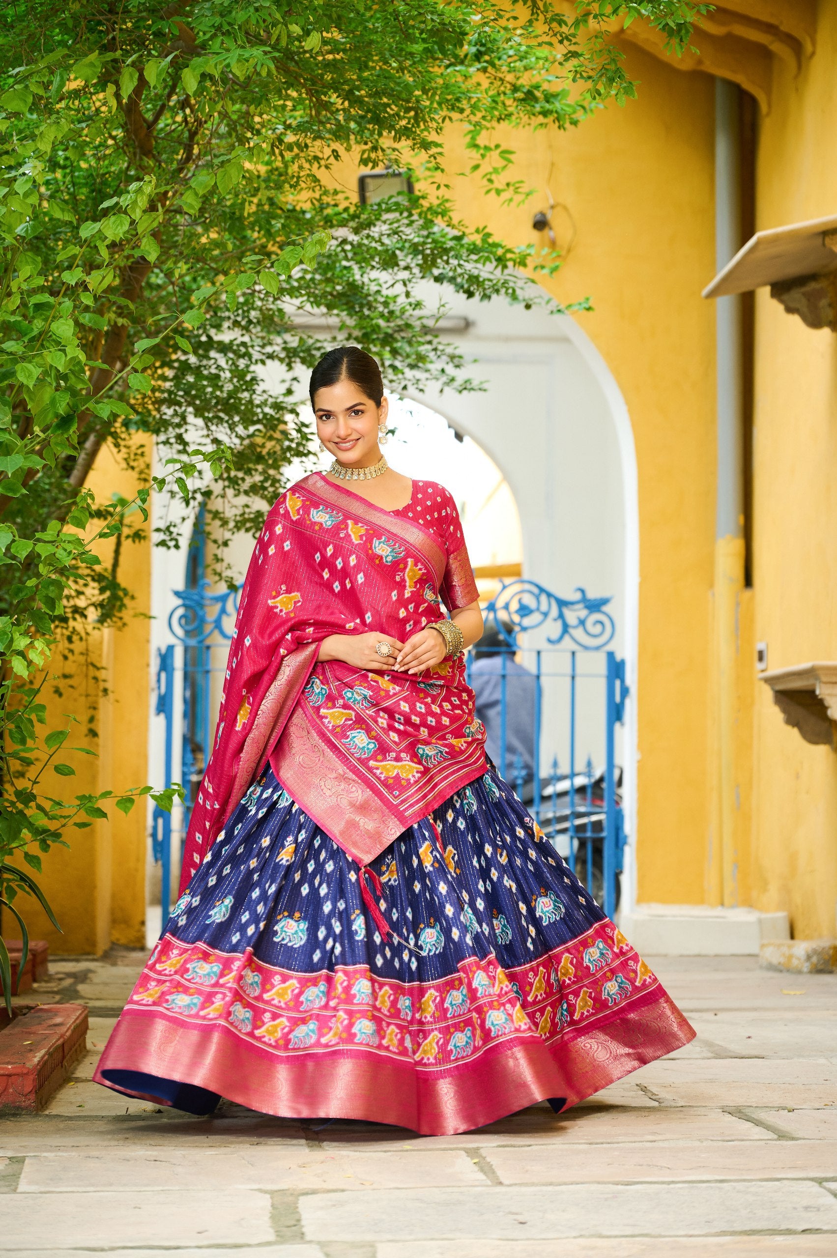 DEIANA'S Jacquard With Jari Lining With Print Lehenga Choli - Navy Blue