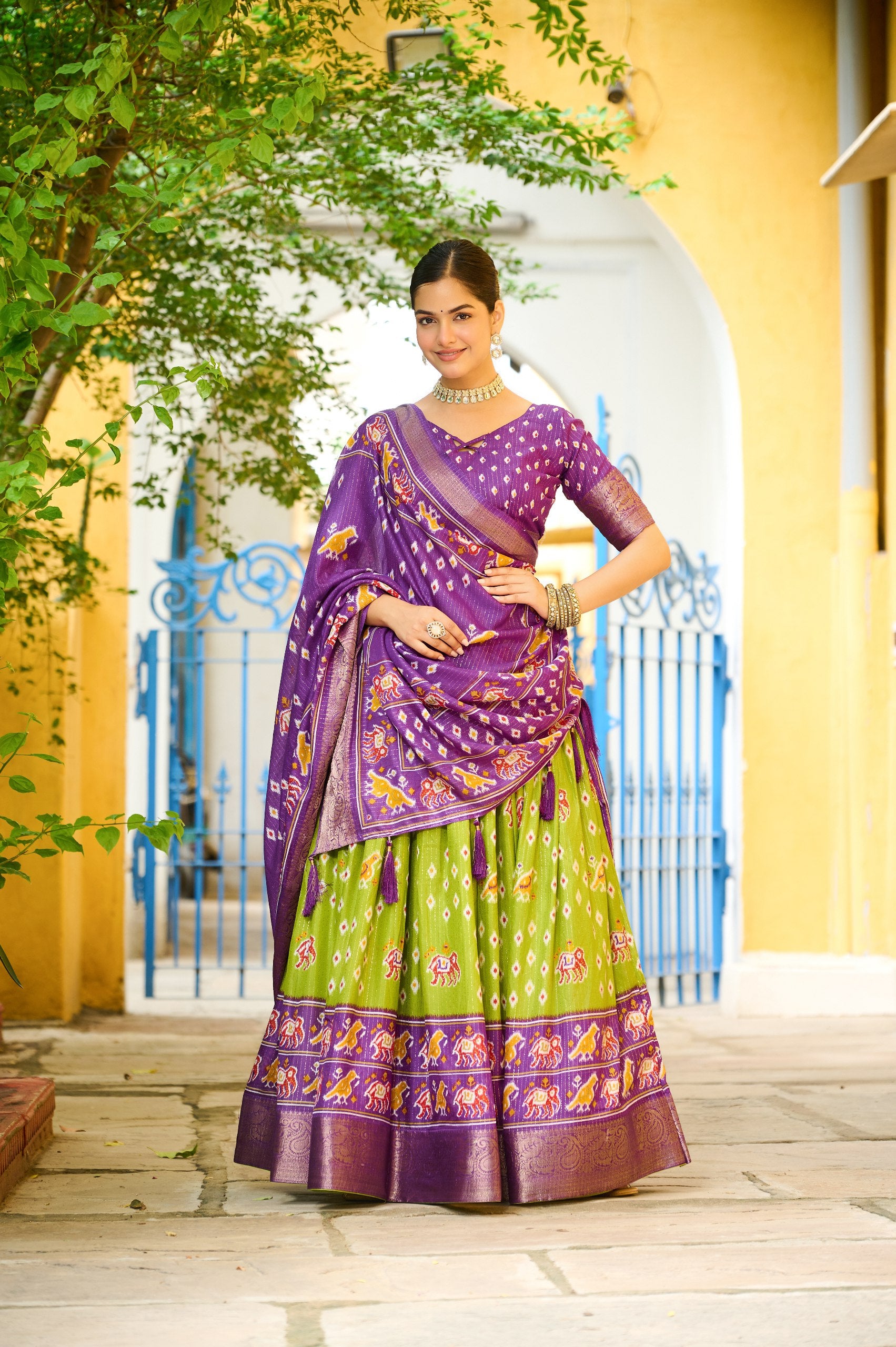 DEIANA'S Jacquard With Jari Lining With Print Lehenga Choli - Mehndi