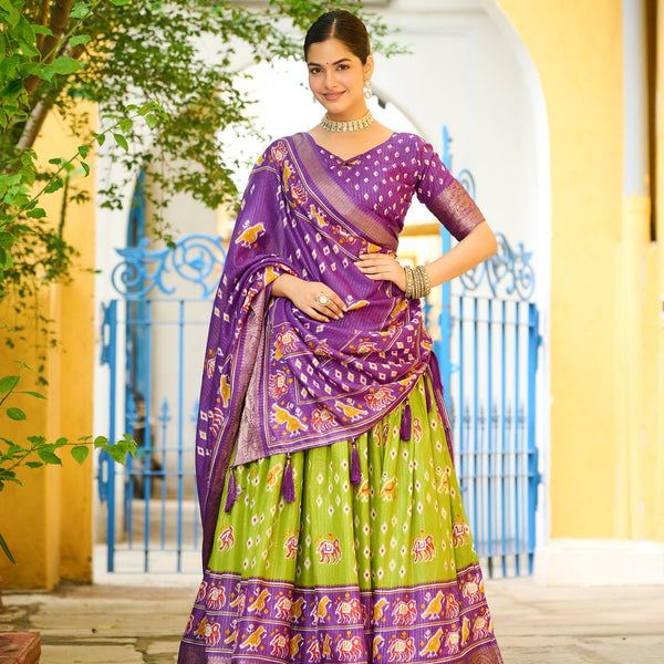 DEIANA'S Jacquard With Jari Lining With Print Lehenga Choli - Mehndi - Distacart