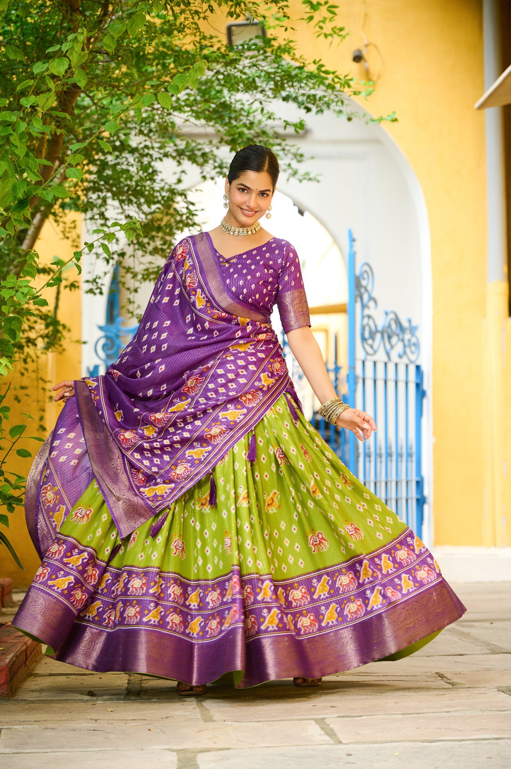 DEIANA'S Jacquard With Jari Lining With Print Lehenga Choli - Mehndi
