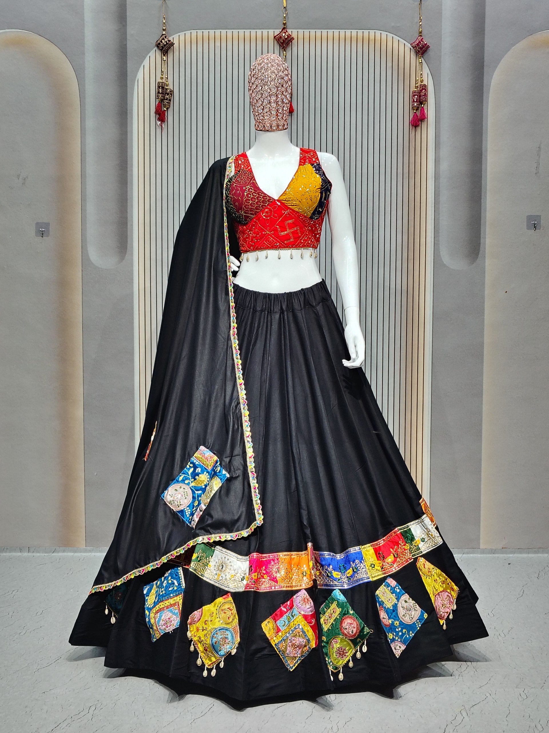 DEIANA'S Gamthi Patch With Handmade Kodi Lace Lehenga Choli - Black